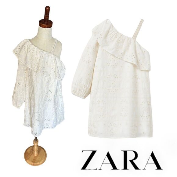 Zara Other - Zara Cream One-Shoulder Eyelet Dress with Ruffle